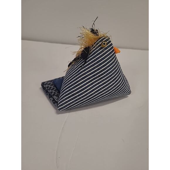 Chicken Pin Cushion Desk Weight Handmade Blue White Striped - Picture 3 of 9